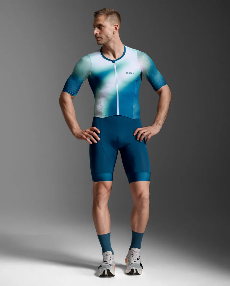 2xu-aero-hex-sleeved-trisuit-triathlon-aerodinamica-blu-verde image 1
